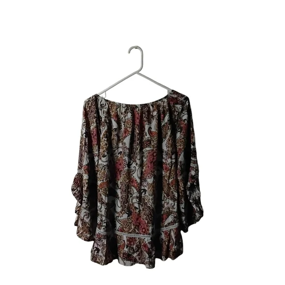 Fever Women's Paisley Bell Sleeve Crochet Trim Boho Peasant 3/4 Sleeve Top L - Picture 2 of 7